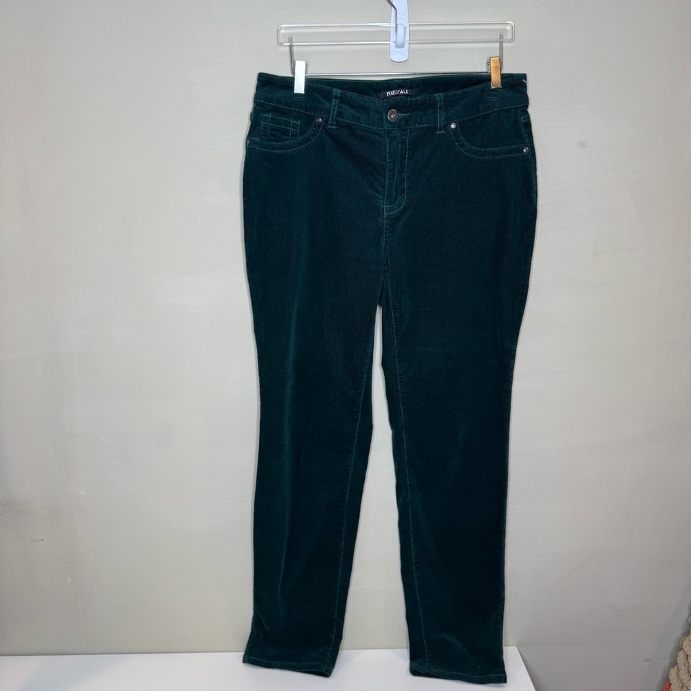 Roz and Ali Pants Green Corduroy Casual Flat Straight Leg Mid Rise size 14